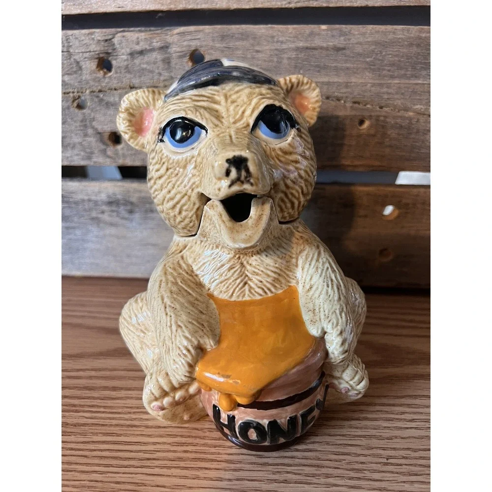 Ceramic Brown Bear Honey Pot with Hat Glazed ceramic Handpainted MCM‎ 1979